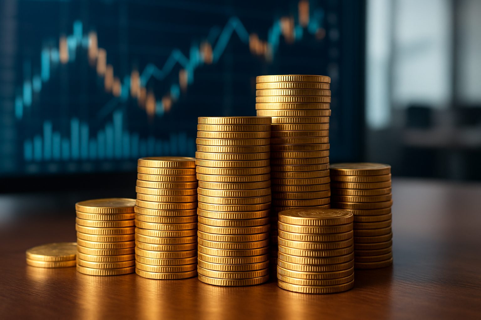 Stacks of gold coins with a blurred financial graph in the background